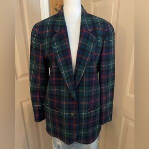Pendleton 100% wool blue & green tartan plaid blazer pockets brass buttons PM.